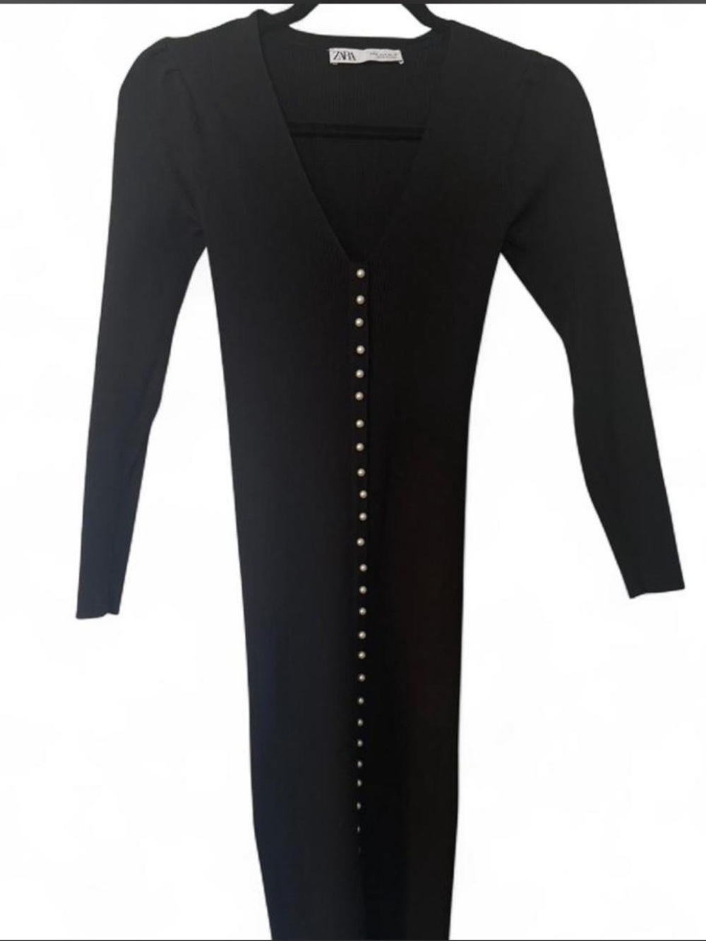 Zara Black Long Sleeve V-Neck Button-Front Knit Dress Very Stretchy - Picture 2 of 5
